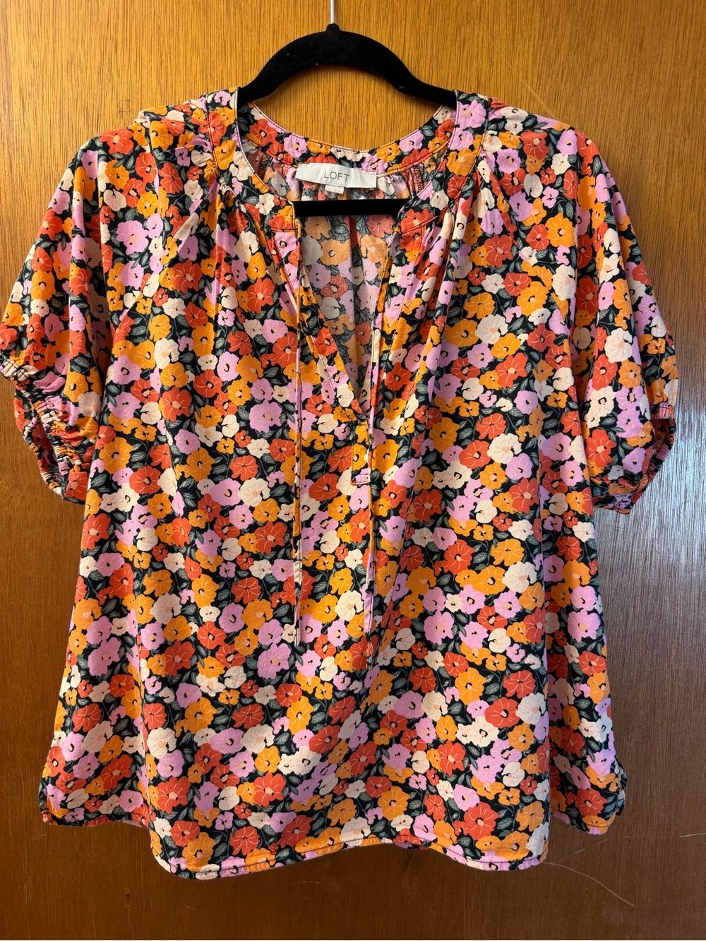 LOFT Floral Tie-Neck Blouse in Pink, Orange & Black